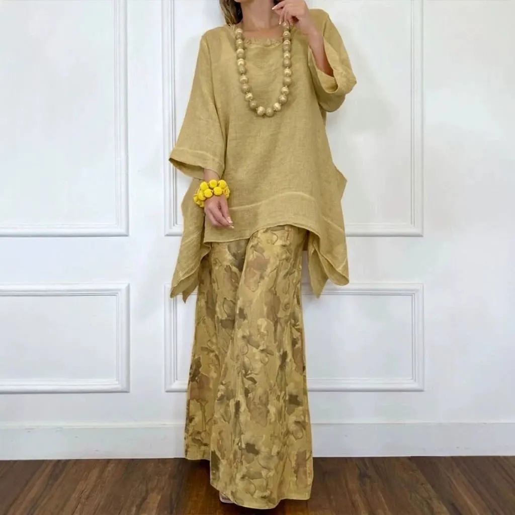 Cotton-Linen Irregular Hem Drop-Shoulder Top & Wide-Leg Pants Set | 3 Colors sold by Zulily product image thumbnail 3