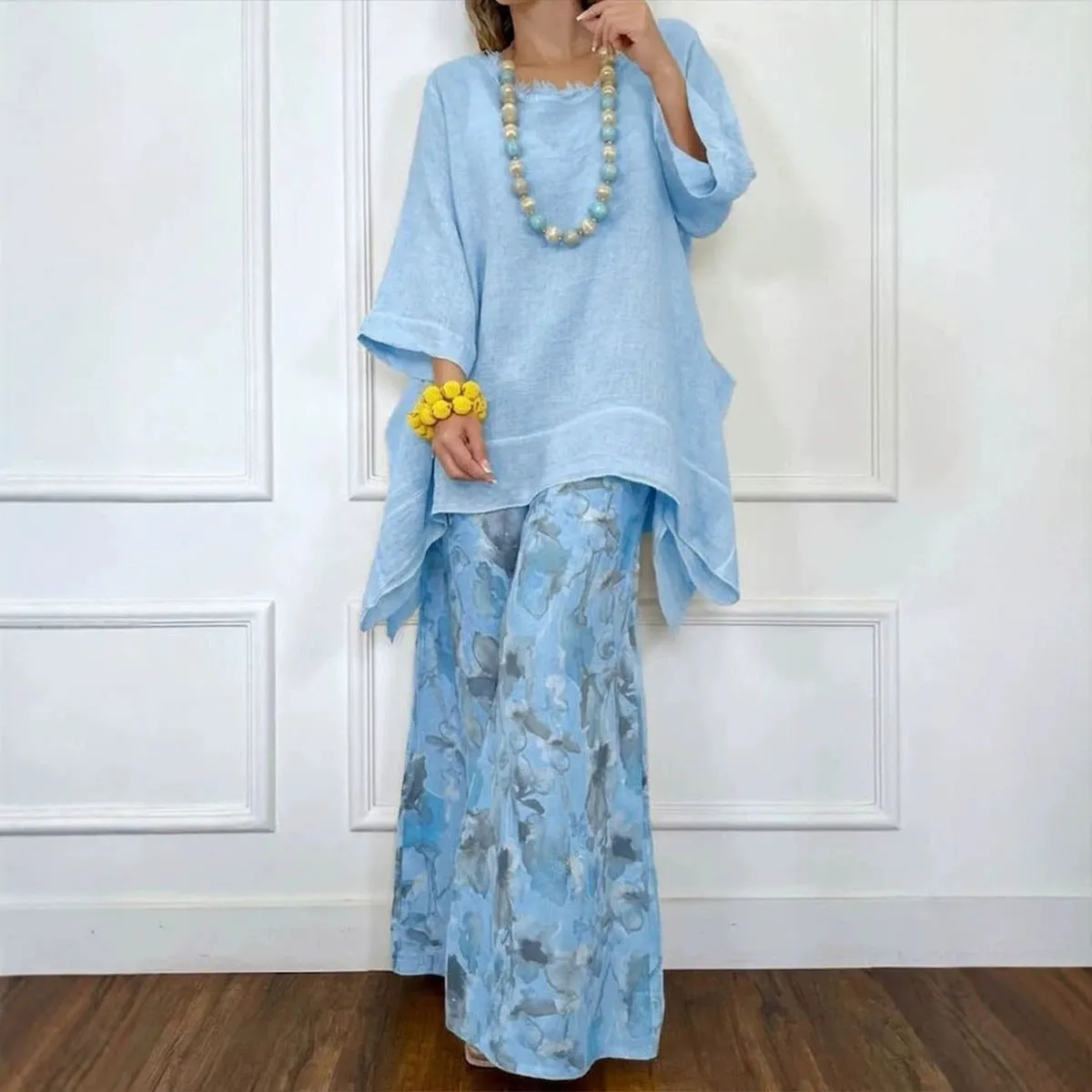 Cotton-Linen Irregular Hem Drop-Shoulder Top & Wide-Leg Pants Set | 3 Colors sold by Zulily product image thumbnail 4