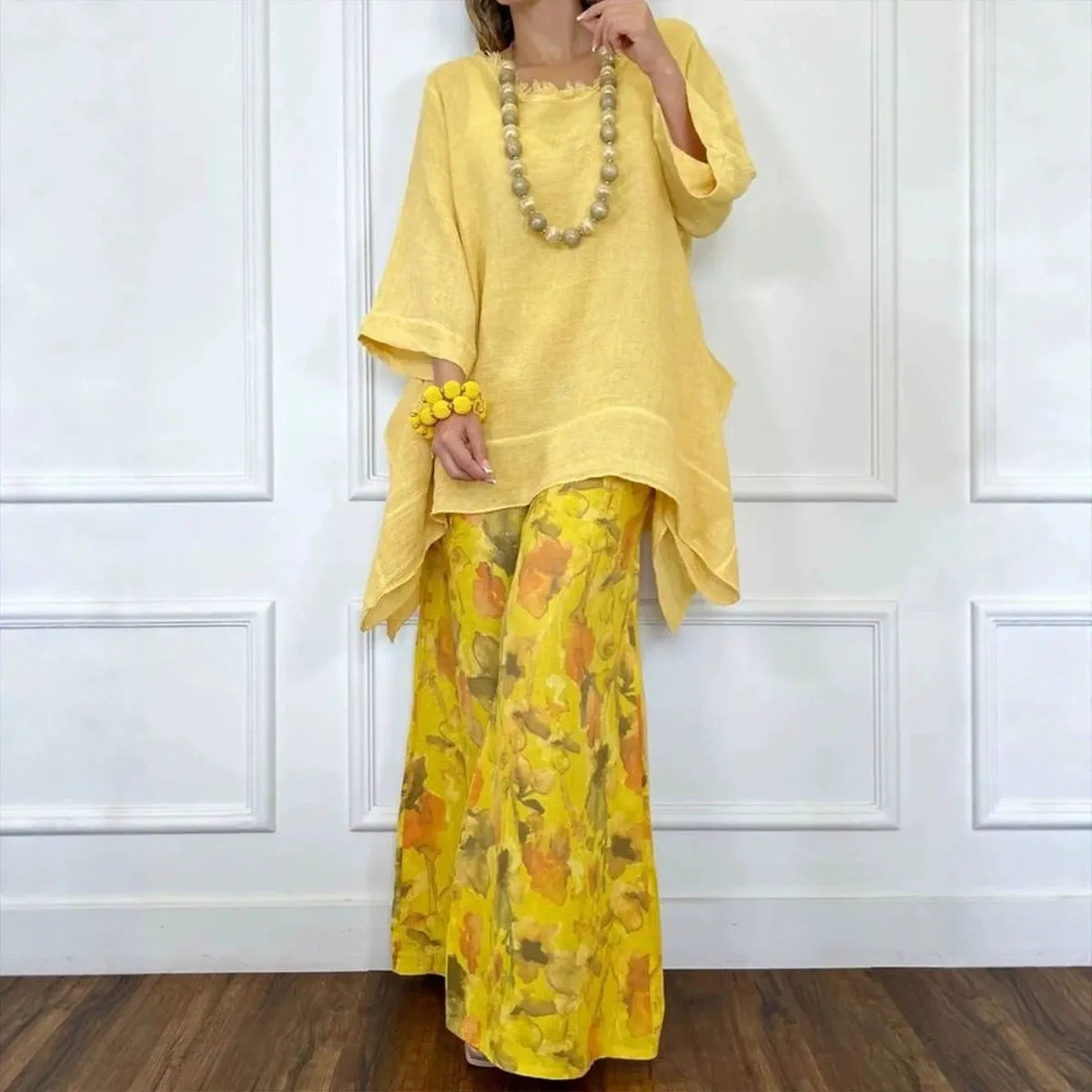 Cotton-Linen Irregular Hem Drop-Shoulder Top & Wide-Leg Pants Set | 3 Colors sold by Zulily product image thumbnail 2