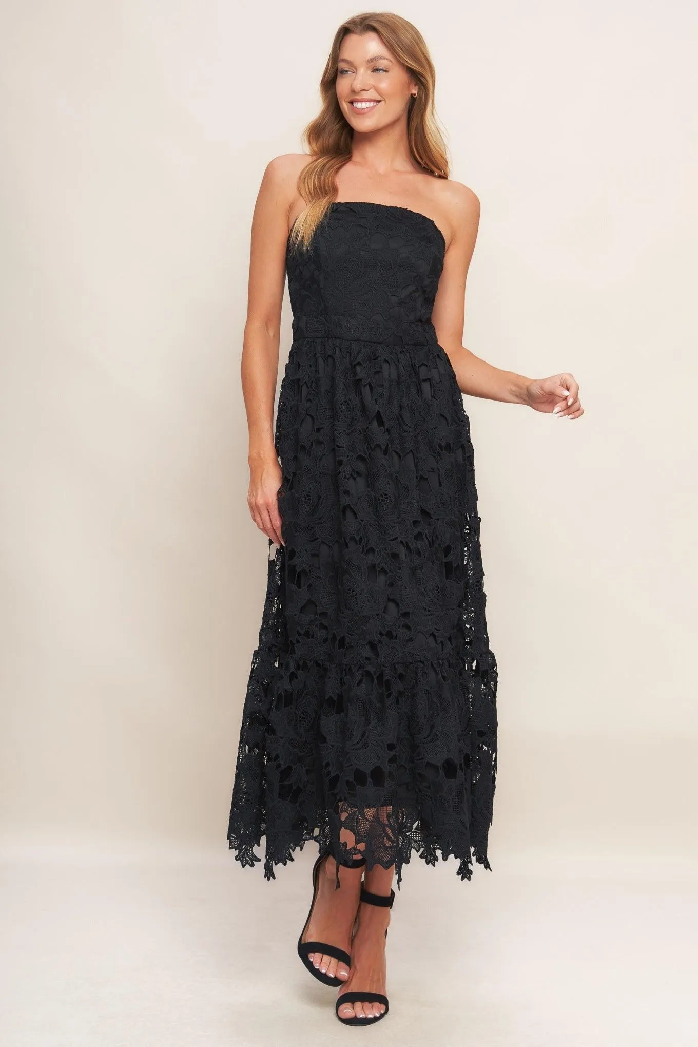 Carefree Nights Black Lace Midi Dress sold by Zulily