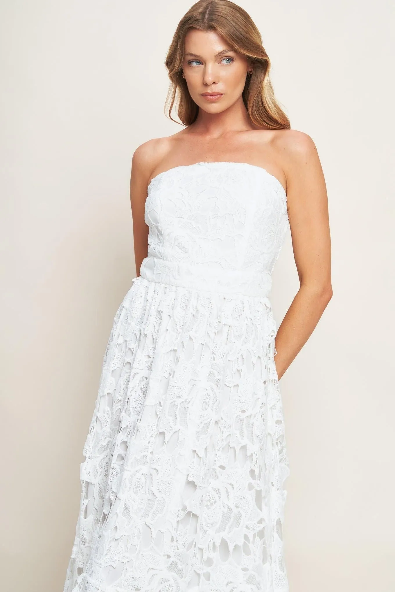 Carefree Nights Lace Off White Midi Dress sold by Zulily product image thumbnail 4