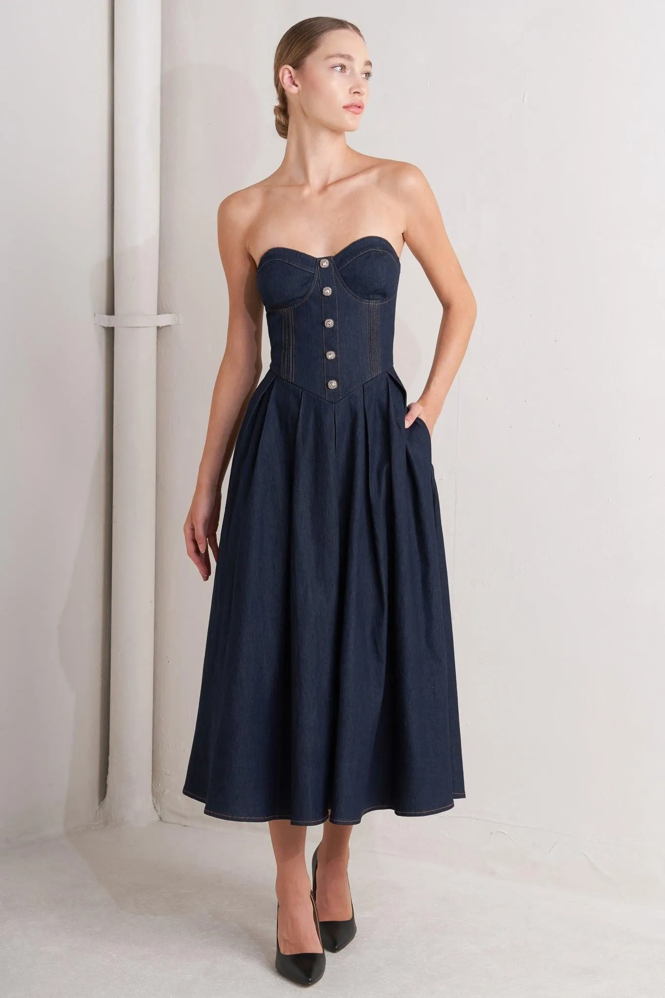 Urban Corset Denim Midi Dress sold by Zulily