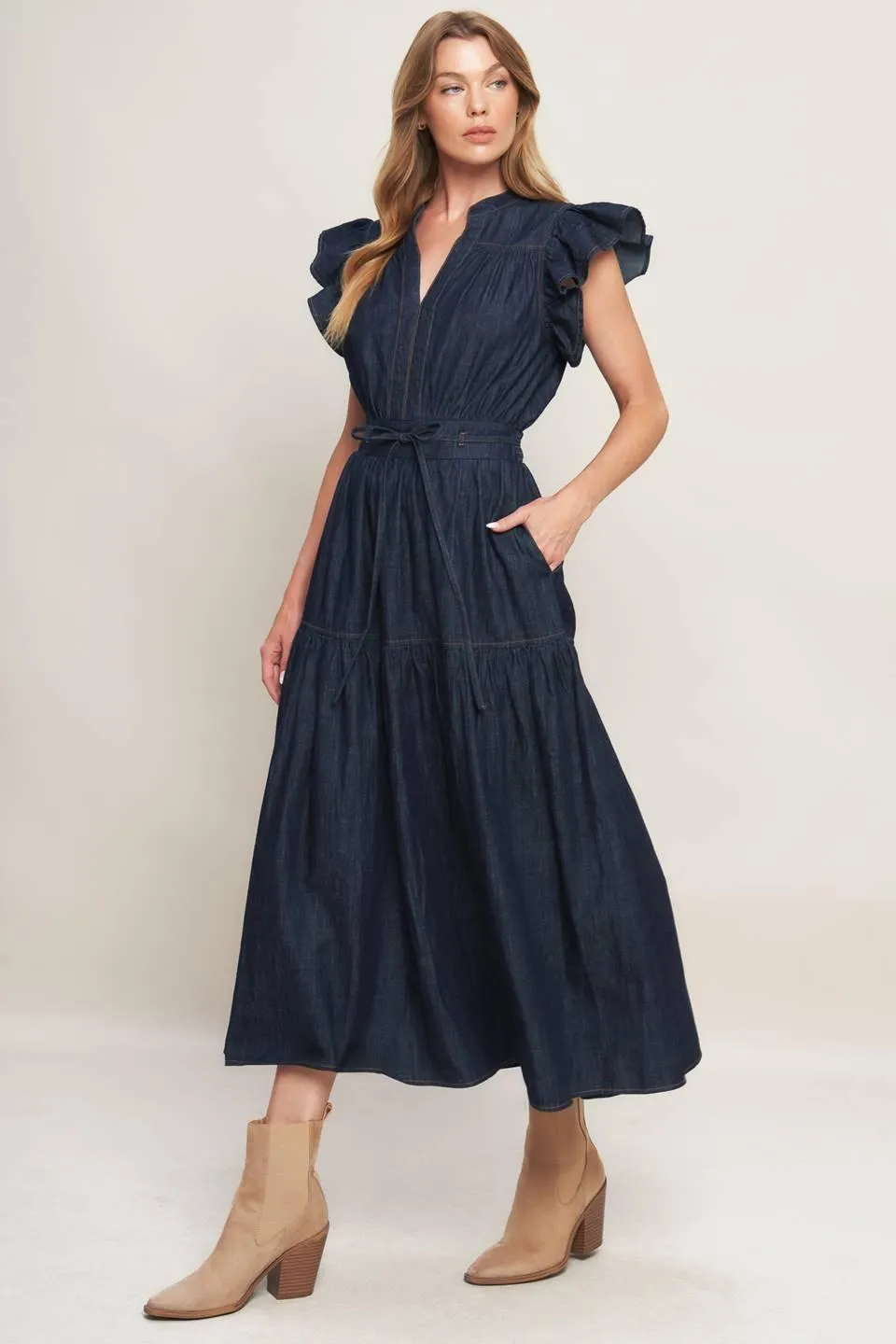 Power Denim Goddess Dark Indigo Midi Dress sold by Zulily