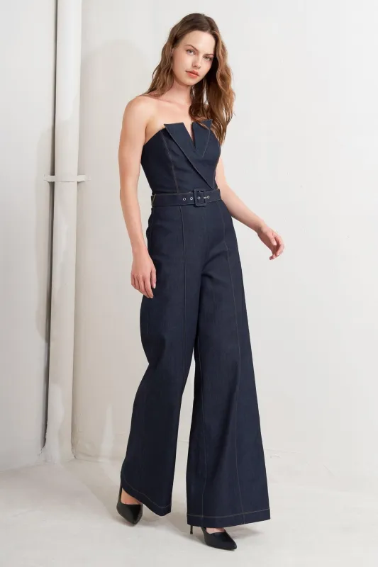 Le Bonheur V Cut Vow Denim Jumpsuit made by Flying Tomato