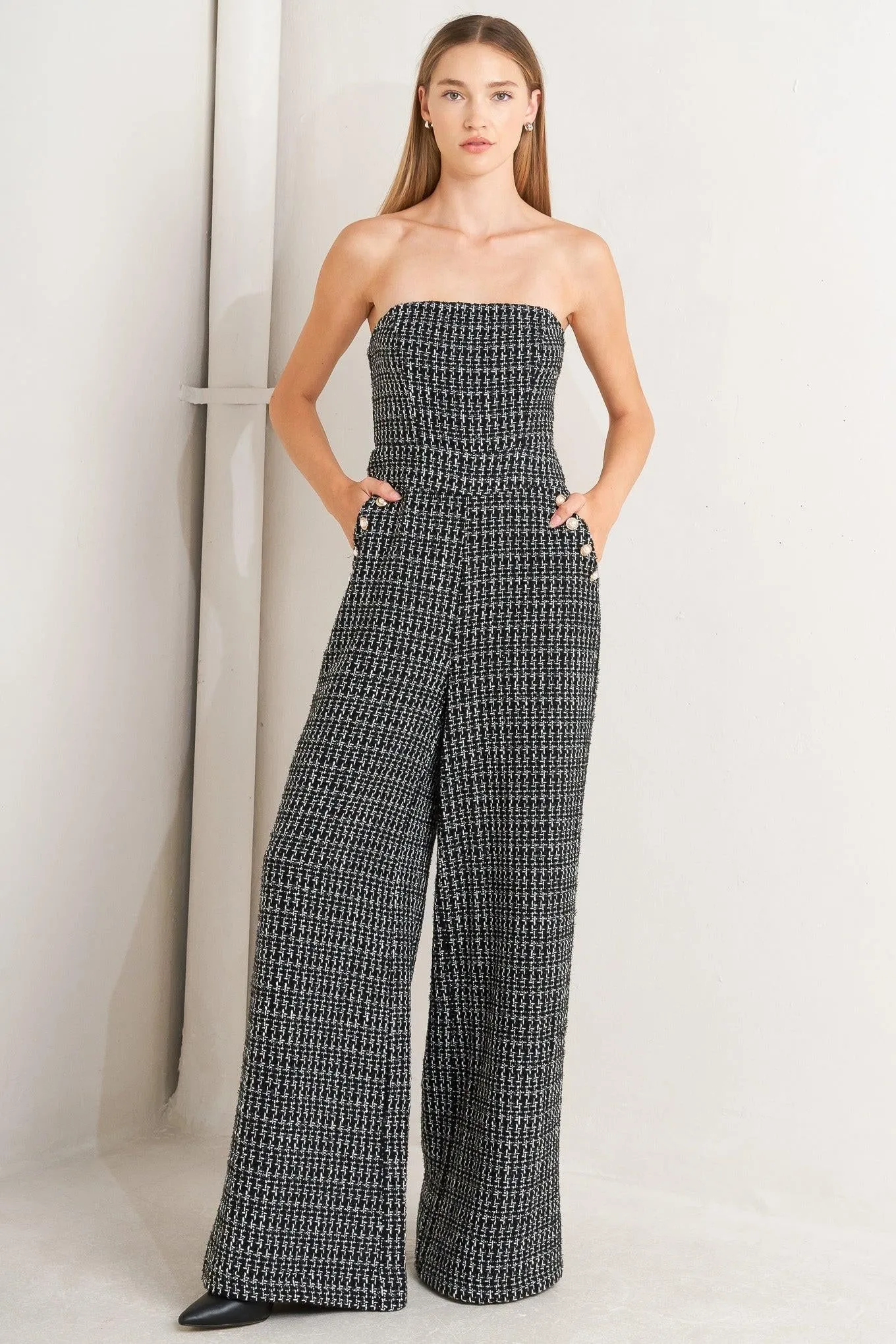Haute Strapless Tweed Jumpsuit sold by Zulily