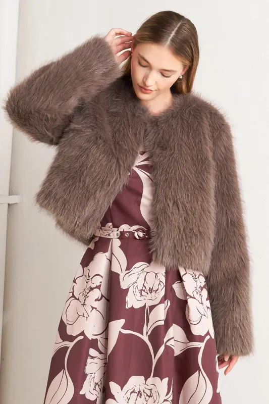 London Flare Mocha Faux Fur Crop Jacket made by Flying Tomato