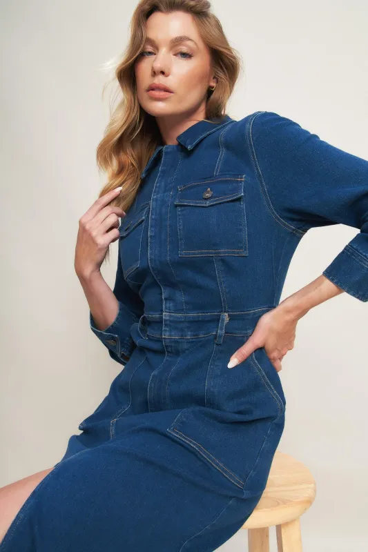 Midnight Dark Indigo Denim Midi Dress made by Flying Tomato
