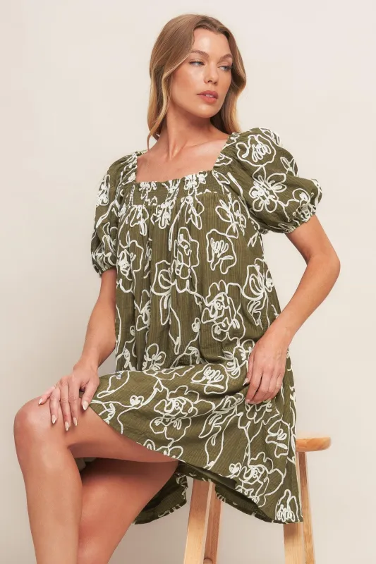 Botanical Outline Woven Mini Dress made by Flying Tomato