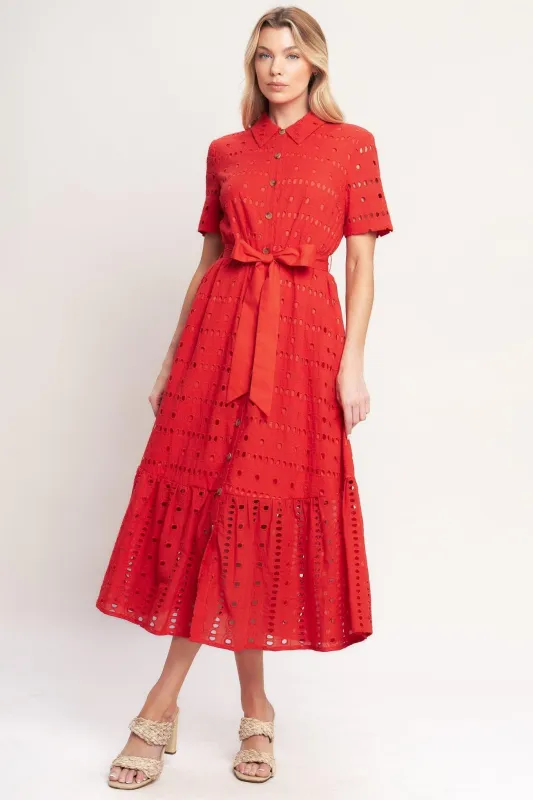 Power Scarlet Woven Eyelet Midi Dress made by Flying Tomato