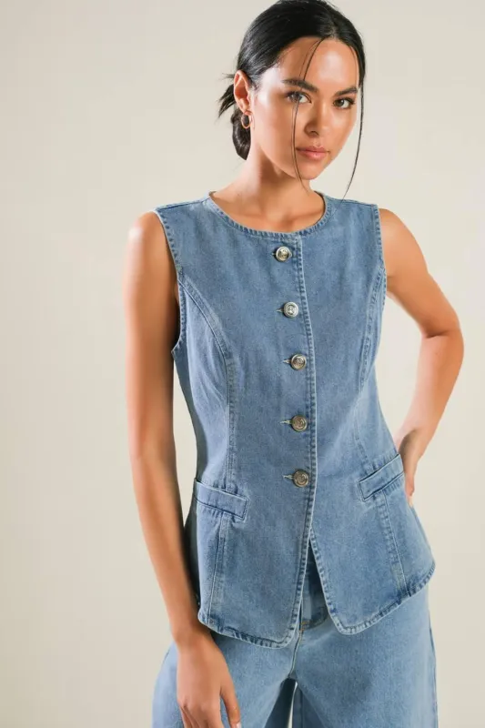 Adventure Awaits Denim Vest made by Flying Tomato