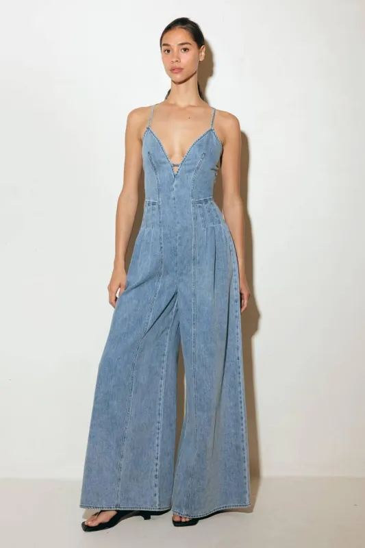 Eased Line Light Denim Jumpsuit made by Flying Tomato