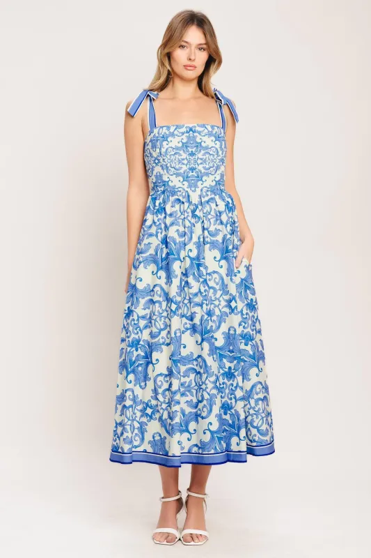 Azure Scroll Woven Midi Dress made by Flying Tomato