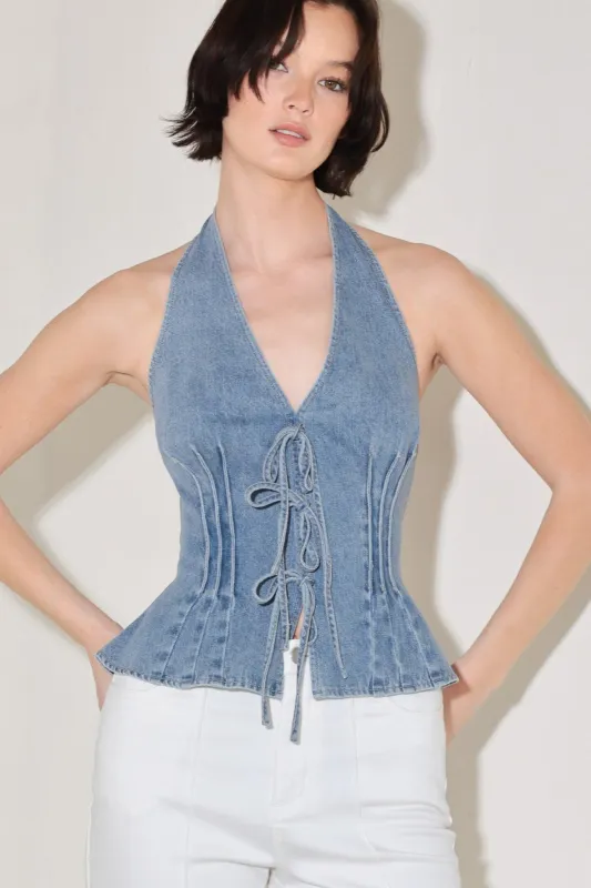 Retro Rise Halter Denim Top made by Flying Tomato