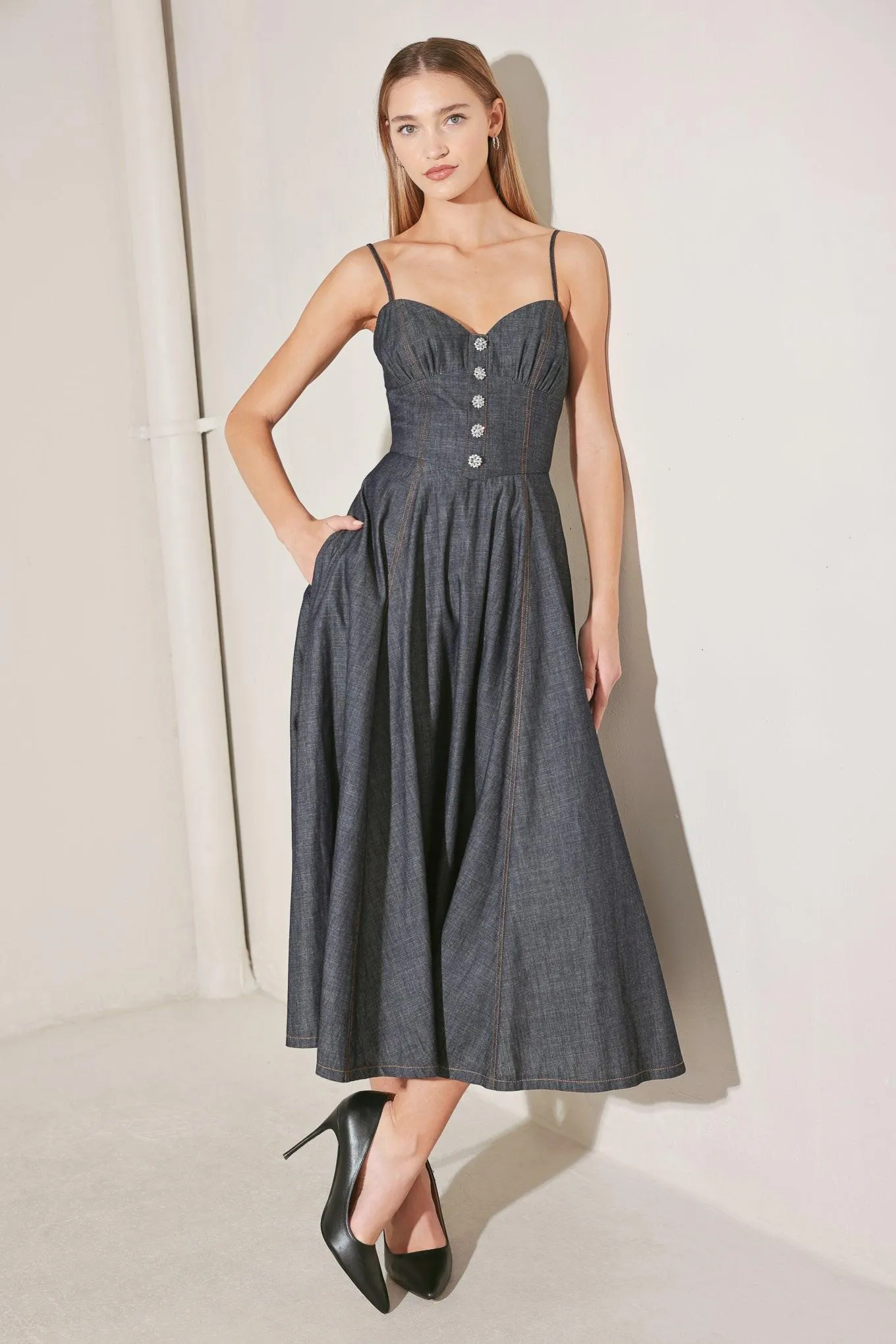 After Hours Serenade Denim Midi Dress sold by Zulily