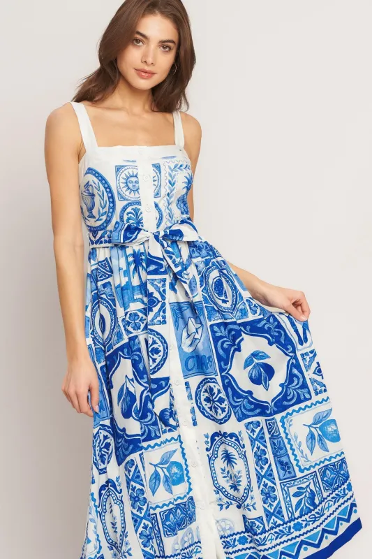 Blue Majolica Charm Woven Midi Dress made by Flying Tomato