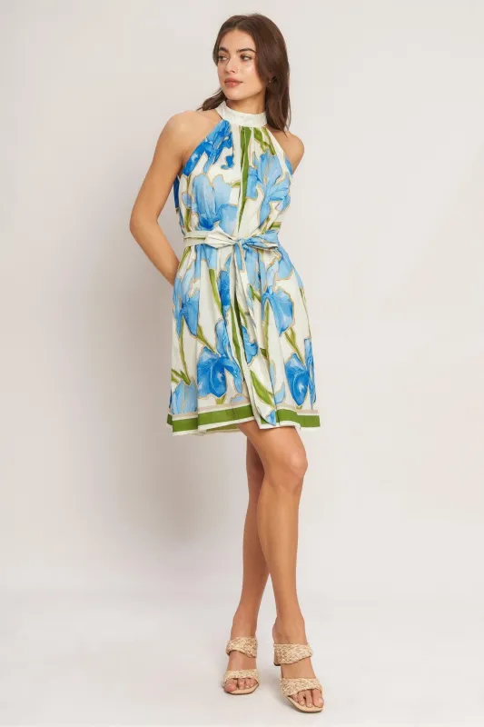 Azure Bloom Halter Woven Mini Dress made by Flying Tomato