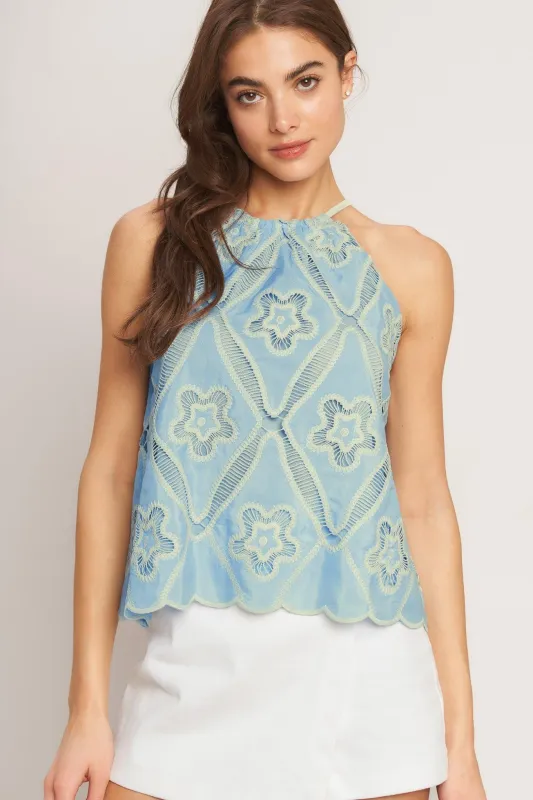 Sky Lace Summer Halter Woven Top made by Flying Tomato