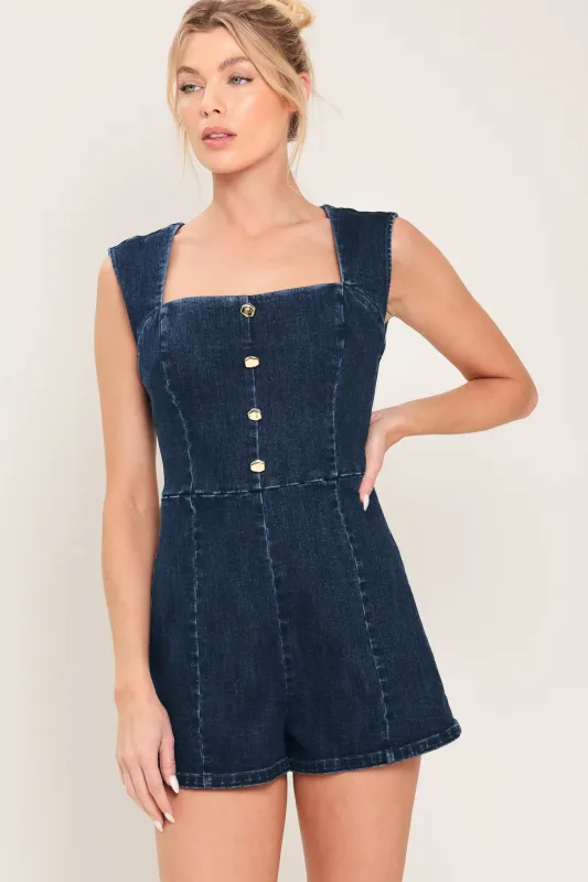 Dark Wash Icon Denim Romper made by Flying Tomato