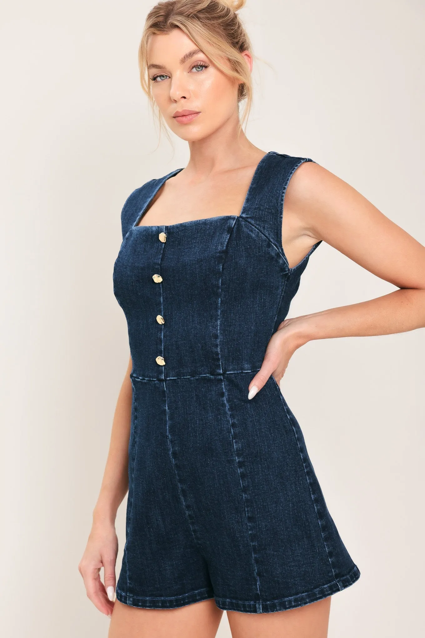 Dark Wash Icon Denim Romper sold by Zulily product image thumbnail 5