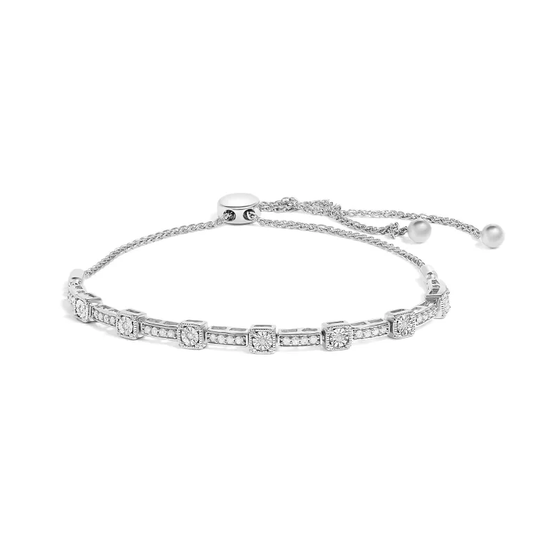 .925 Sterling Silver 1/4 Cttw Diamond 4”-10” Adjustable Bolo Alternating Square and Rectangle Bolo Bracelet (I-J Color, I3 Clarity) made by Zulily