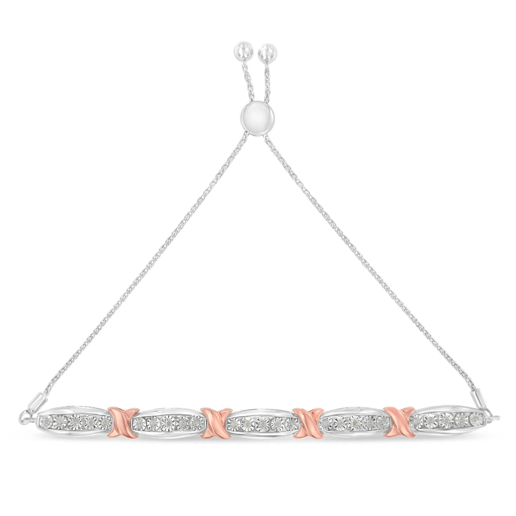 .925 Sterling Silver 1/4 Cttw Round-Cut Diamond X & Tapered Bar Miracle-Set Bolo Bracelet (I-J Color, I3 Clarity) - Two Tone Rose Gold & Silver sold by Zulily product image thumbnail 4