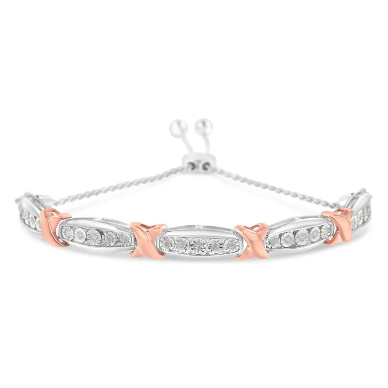 .925 Sterling Silver 1/4 Cttw Round-Cut Diamond X & Tapered Bar Miracle-Set Bolo Bracelet (I-J Color, I3 Clarity) - Two Tone Rose Gold & Silver made by Zulily