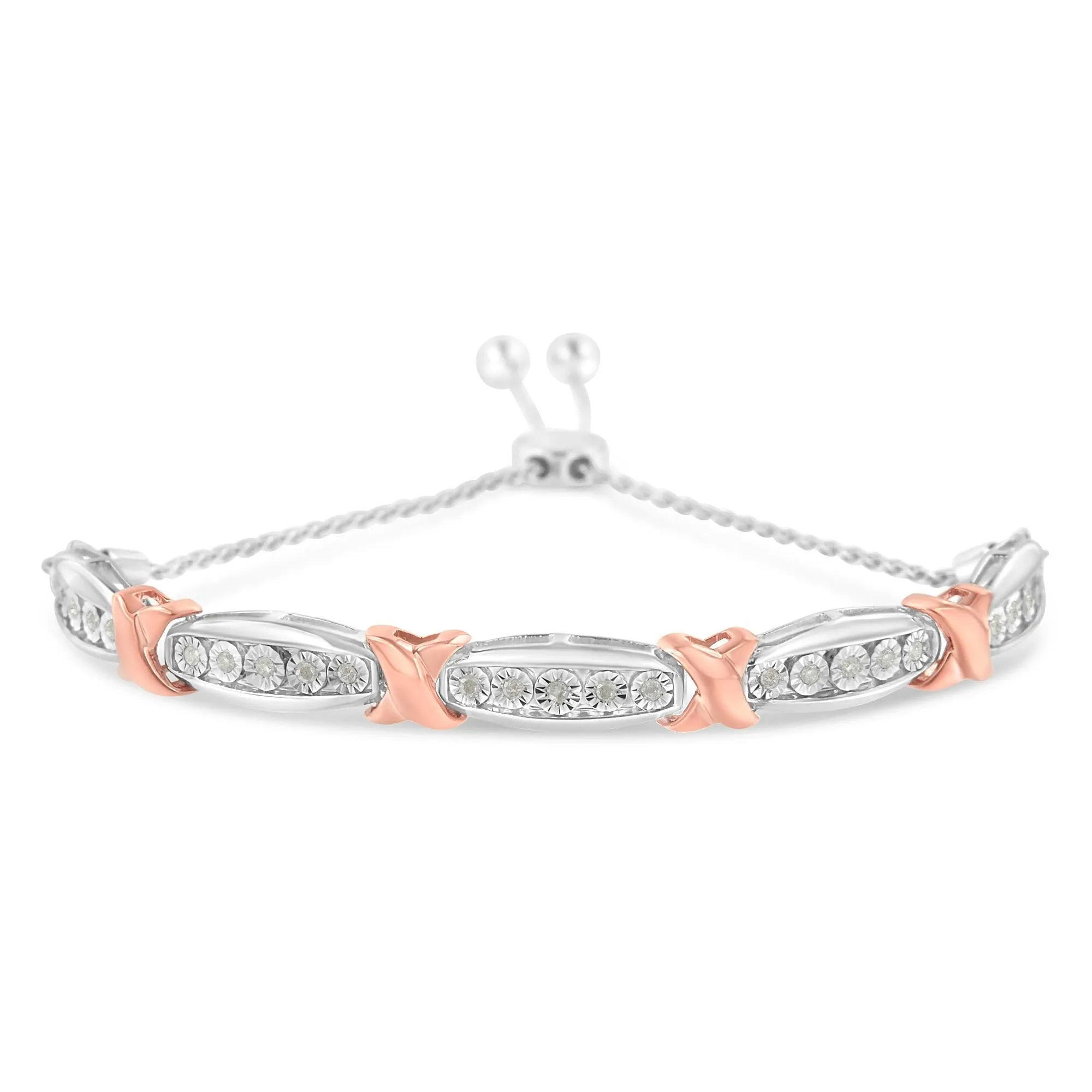 .925 Sterling Silver 1/4 Cttw Round-Cut Diamond X & Tapered Bar Miracle-Set Bolo Bracelet (I-J Color, I3 Clarity) - Two Tone Rose Gold & Silver sold by Zulily
