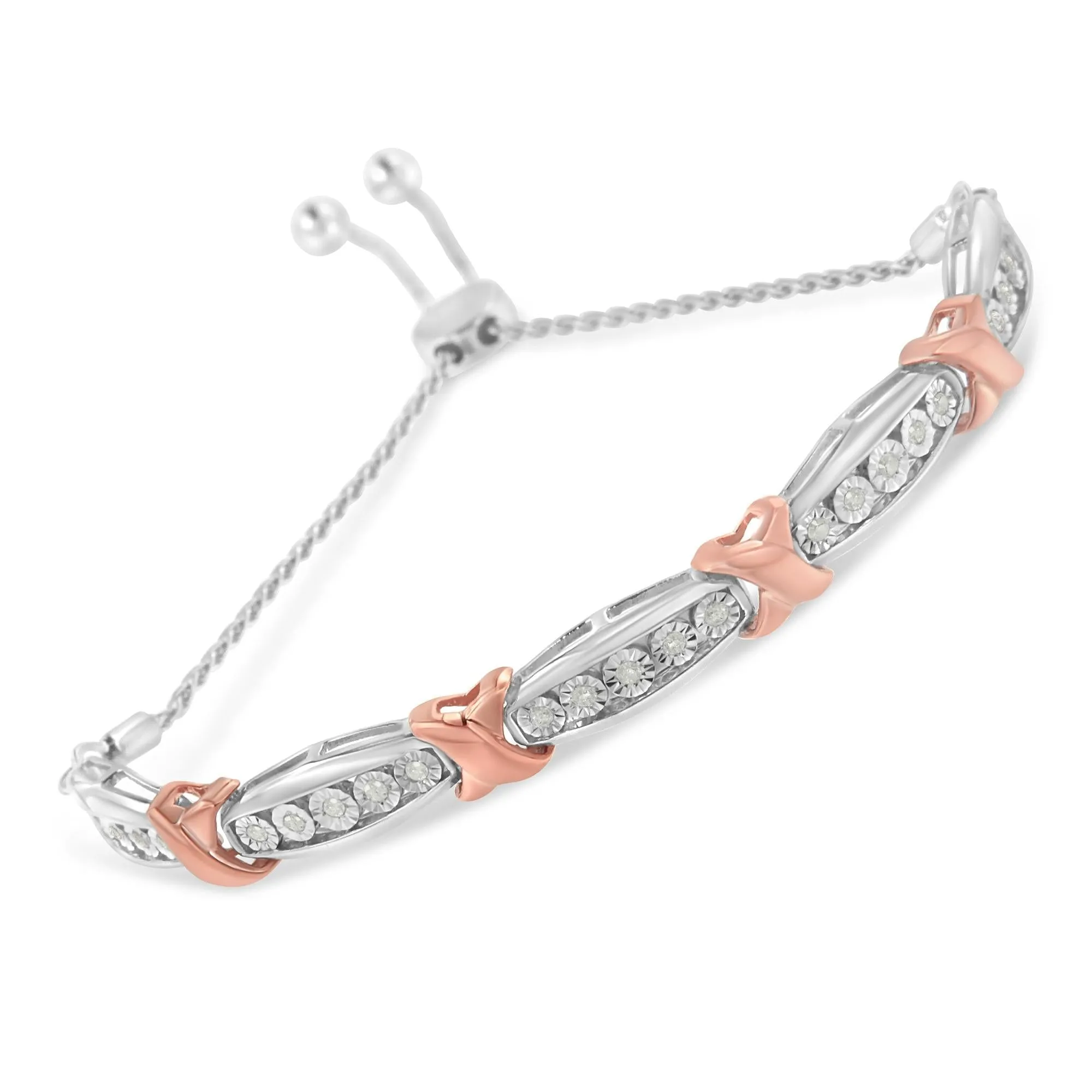 .925 Sterling Silver 1/4 Cttw Round-Cut Diamond X & Tapered Bar Miracle-Set Bolo Bracelet (I-J Color, I3 Clarity) - Two Tone Rose Gold & Silver sold by Zulily product image thumbnail 5
