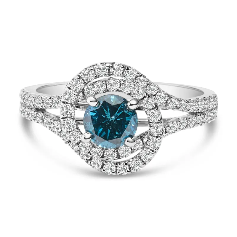 14K White Gold 1-1/3 Cttw White & Blue Diamond Interweaving Double Halo Cocktail Statement Ring (G-H and Fancy Blue Color, SI2-I1 Clarity) made by Zulily