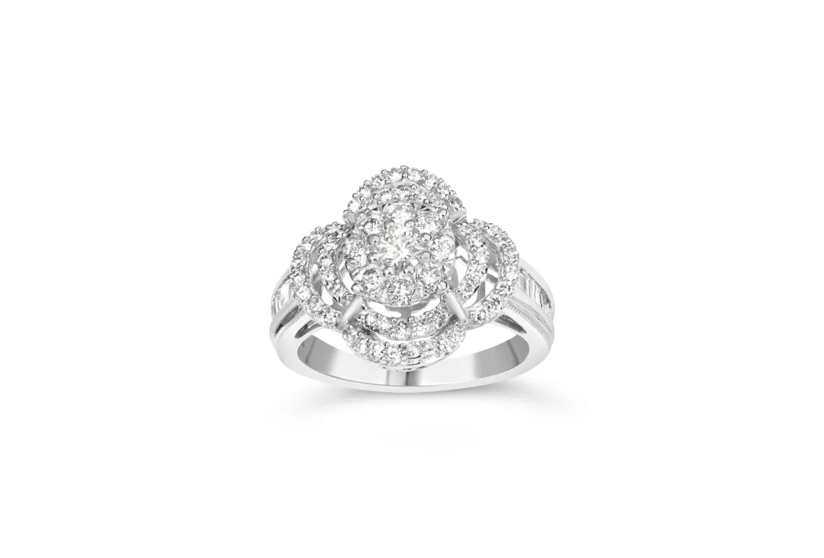 14K White Gold 1.0 Cttw Round & Baguette Cut Diamond Floral Cluster Quatrefoil Channel Set Band Cocktail Statement Ring (H-I Color, SI2-I1 Clarity) made by Zulily
