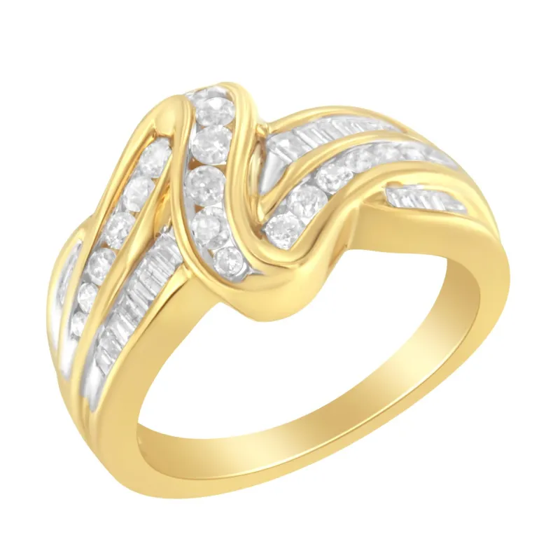 10K Yellow Gold 3/4 Cttw Channel Set Round and Baguette-cut Diamond Double Shank Bypass Ring (J-K Color, I1-I2 Clarity) made by Zulily