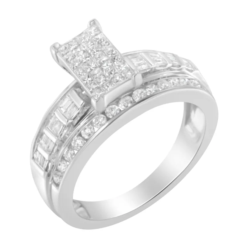14K White Gold 1.0 Cttw Mixed-Cut Diamond Rectangle Invisible-Set Composite Cluster Ring with Bar- and Channel-Set Band (H-I Color, SI2-I1 Clarity) made by Zulily