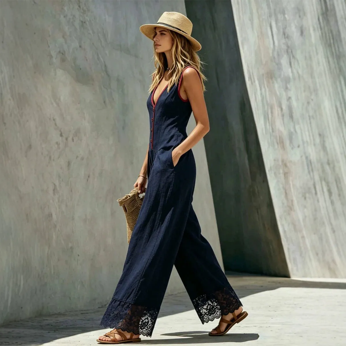 Women's Lace-Spliced Jumpsuit with Pockets – Sleeveless, High Waist, Straight Leg sold by Zulily product image thumbnail 2