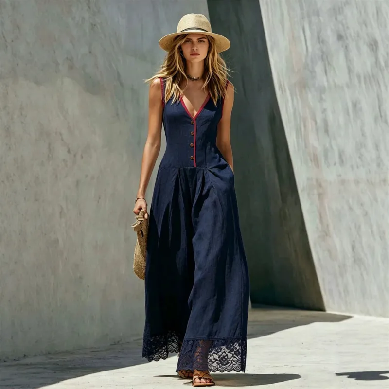 Women's Lace-Spliced Jumpsuit with Pockets – Sleeveless, High Waist, Straight Leg made by Zulily