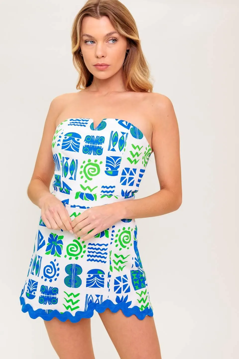 Tell Me White Blue Woven Romper sold by Zulily