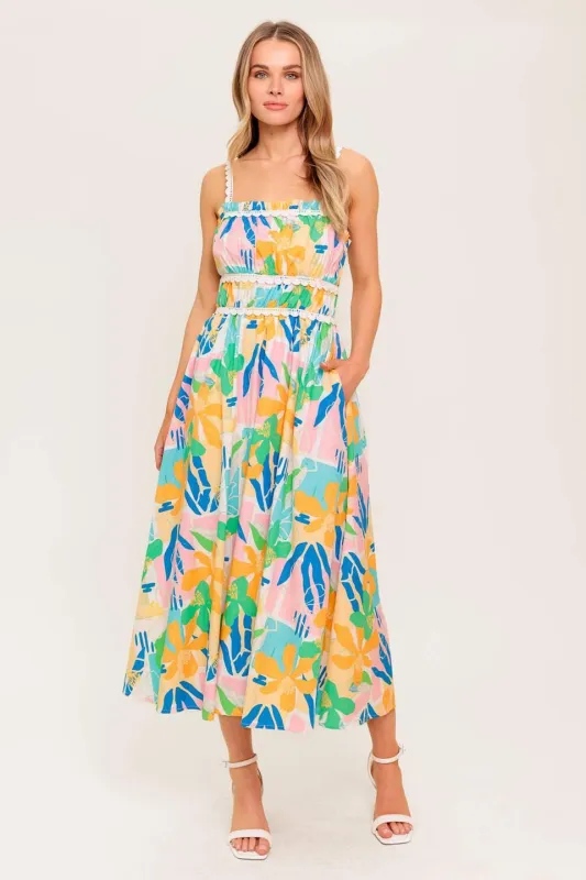 Sunlit Garden Pink Blue Woven Midi Dress made by Flying Tomato