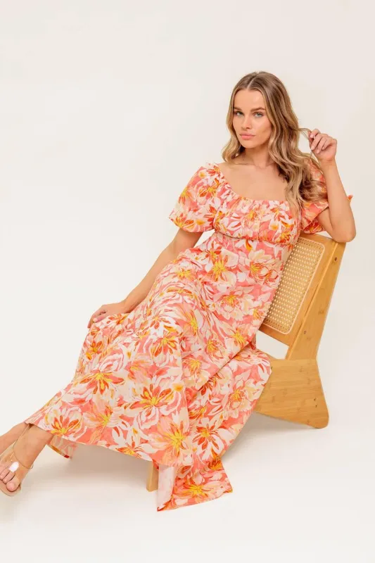 Ocean Florals Coral Woven Midi Dress made by Flying Tomato