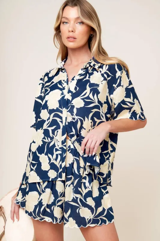 Slow Mornings Navy Woven Top and Shorts Set made by Flying Tomato