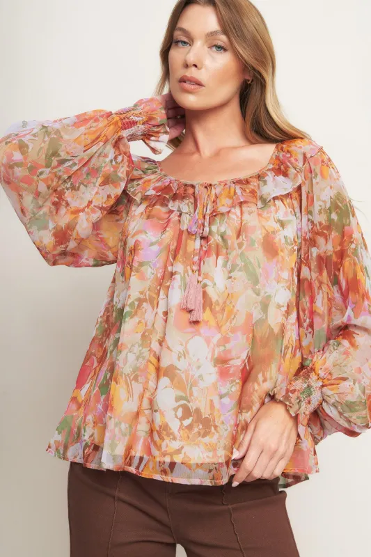 Soft Floral Rust Woven Top made by Flying Tomato