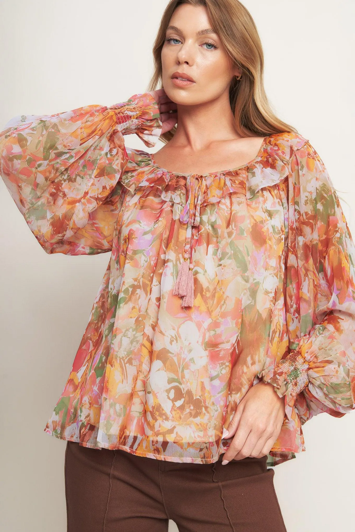Soft Floral Rust Woven Top sold by Zulily
