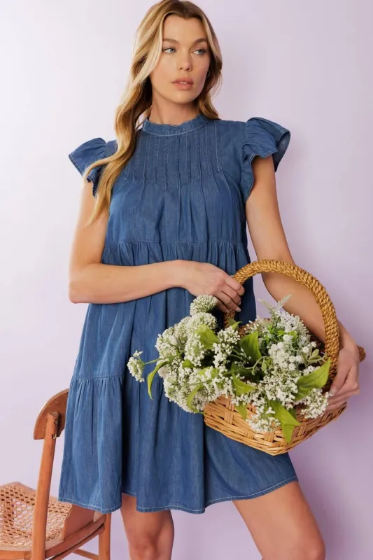 Match My Energy Woven Chambray Mini Dress made by Flying Tomato