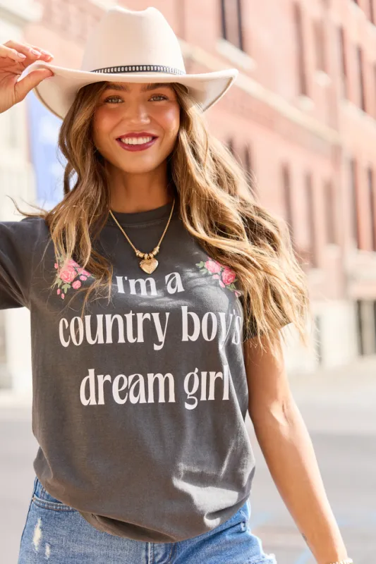 Country Boy's Dream Girl Dark Grey Graphic Tee made by Pink Lily