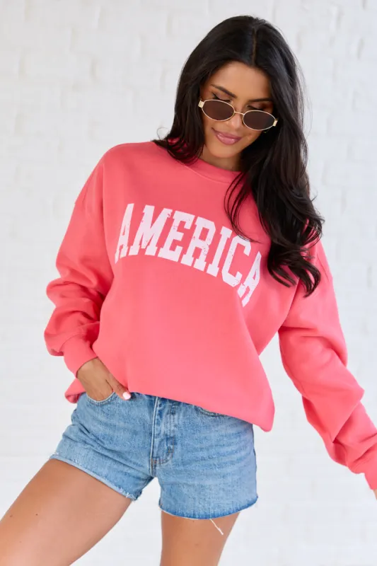 America Distressed Light Red Graphic Sweatshirt made by Pink Lily
