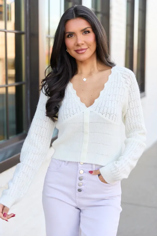 Pheobe Ivory Pointelle Cardigan Top made by Pink Lily