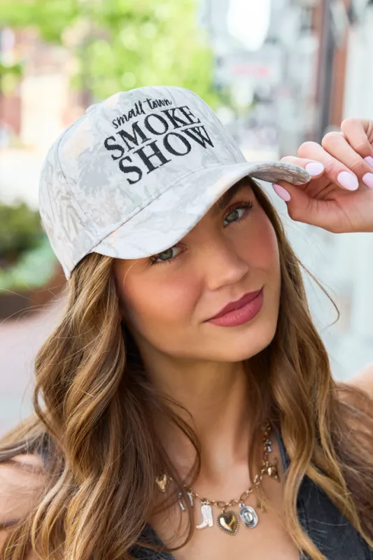 Small Town Smoke Show Camo Trucker Hat made by Pink Lily