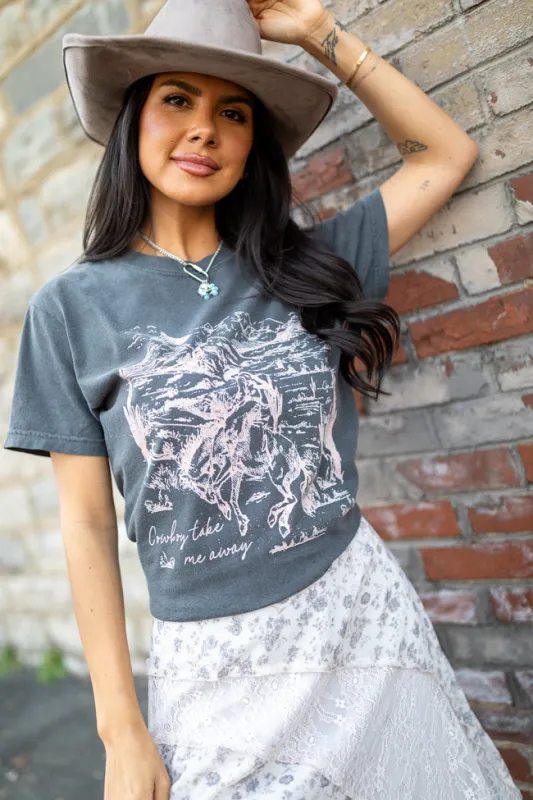 Cowboy Take Me Away Dark Grey Graphic Tee made by Pink Lily