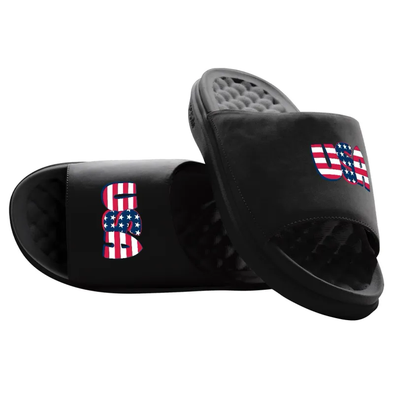 USA Flag Wordmark Motive Slide Sandals made by Zulily