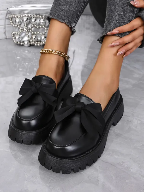 Bow PU Leather Round Toe Loafers made by Zulily