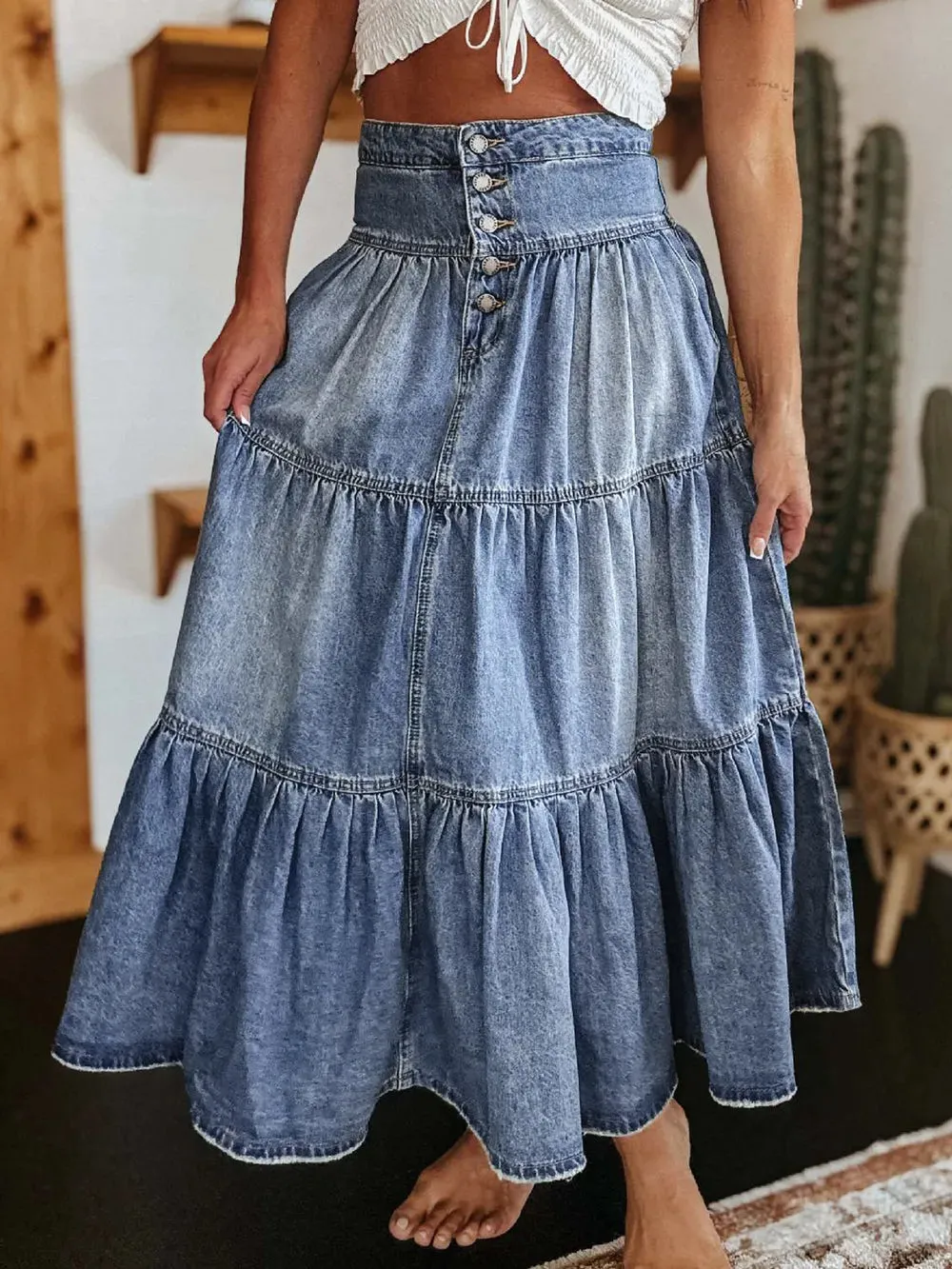 Tiered Button-Fly Denim Skirt sold by Zulily product image thumbnail 3