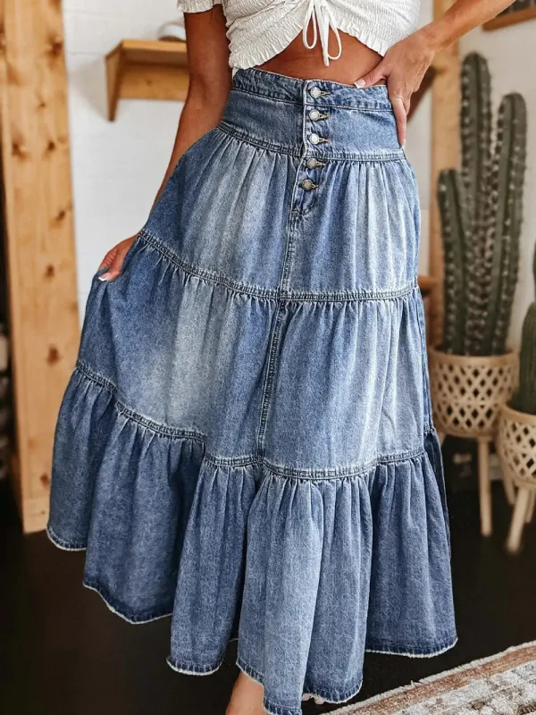 Tiered Button-Fly Denim Skirt made by Zulily